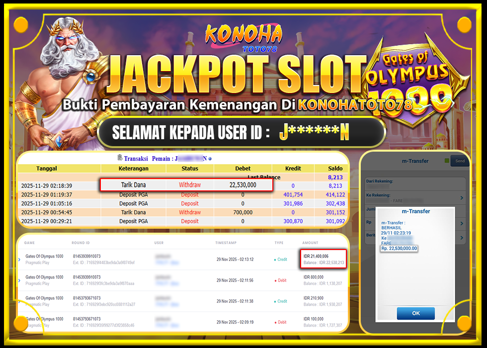 KONOHATOTO78 JACKPOT GATES OF OLYMPUS 1000 Rp.22.530.000,- LUNAS